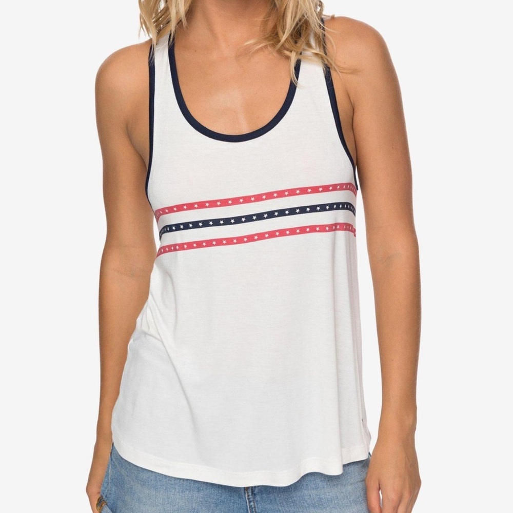 Roxy Womens Stars And Stripes Racerback Tank Top White Red And Blue Sz Large NEW